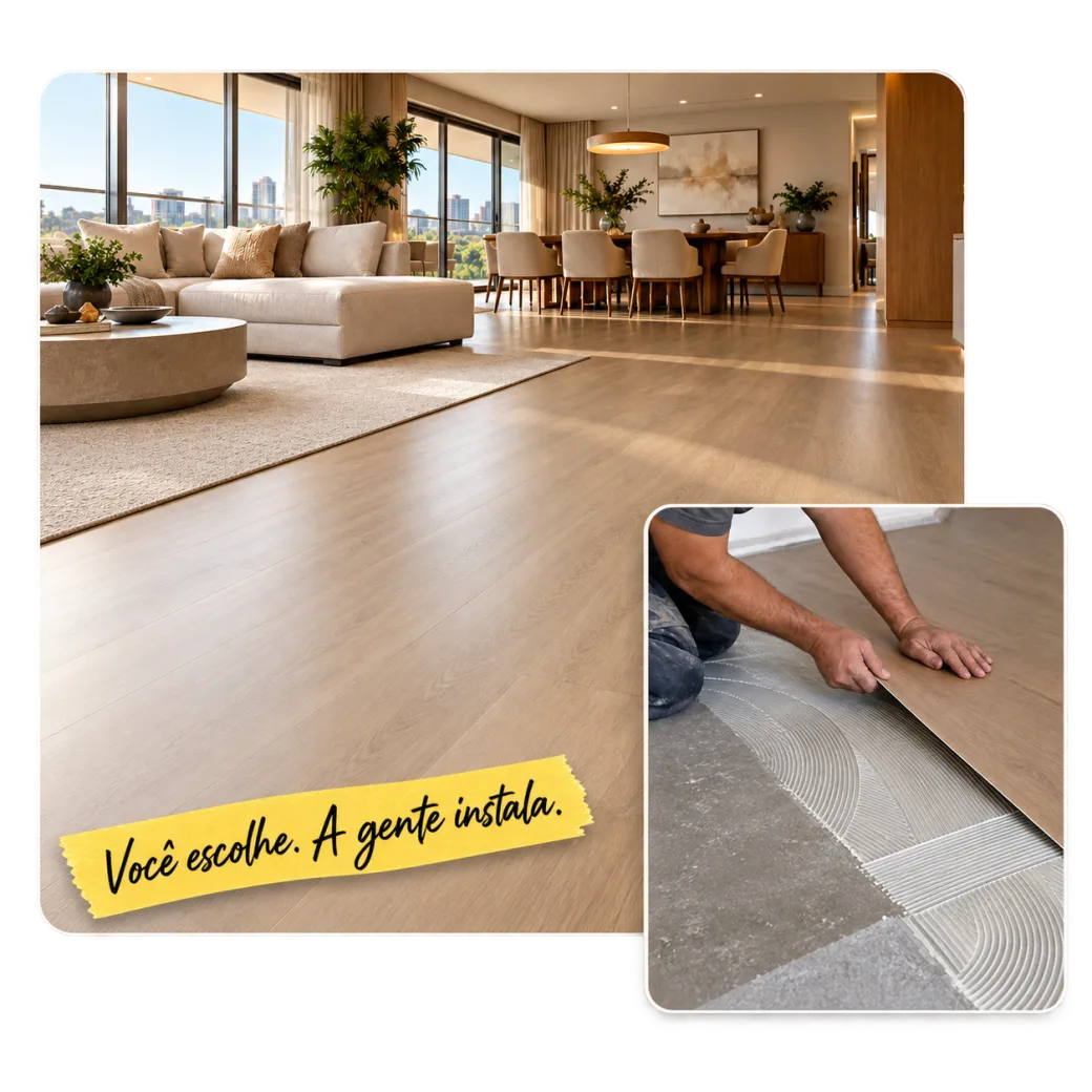 Sala com piso vinílico e instalador aplicando o piso